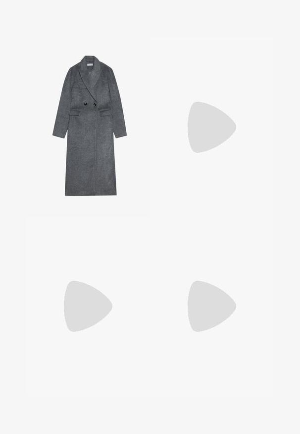 Manteau en laine gris mélangé avec un devant croisé, un col cranté et deux poches avant. Il dispose de boutons noirs et de manches droites.; Chemise blanche à manches longues avec un col classique, dotée d'une fermeture à boutons sur le devant et d'une texture lisse, fabriquée en tissu léger avec un éclat subtil.; Jupe noire à mi-cuisse avec une fente frontale, fabriquée en tissu lisse. Comprend une fine ceinture noire avec une boucle en argent et des passants.; Bottes en cuir noires arrivant au genou, avec un bout carré et un talon carré, présentées sur un modèle assis dans un manteau vert olive. Texture lisse, détails minimaux.