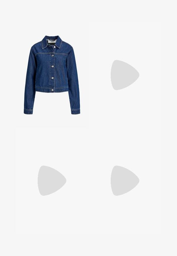 Veste en denim bleu à manches longues, fermeture à boutons sur le devant et col classique, présentée sur fond blanc.; T-shirt en coton bordeaux avec un texte blanc disant "ICONIC" et un design d'étoile à l'avant. Manches courtes et col rond.; Shorts en denim bleu clair avec taille haute, ourlet effiloché, surpiqûres contrastantes et poches avant. Comprend un bouton en métal et une étiquette de marque.; Ballerines en cuir verni noir avec un bout rond, un design à lacets et une semelle plate. Texture lisse avec peu de détails.