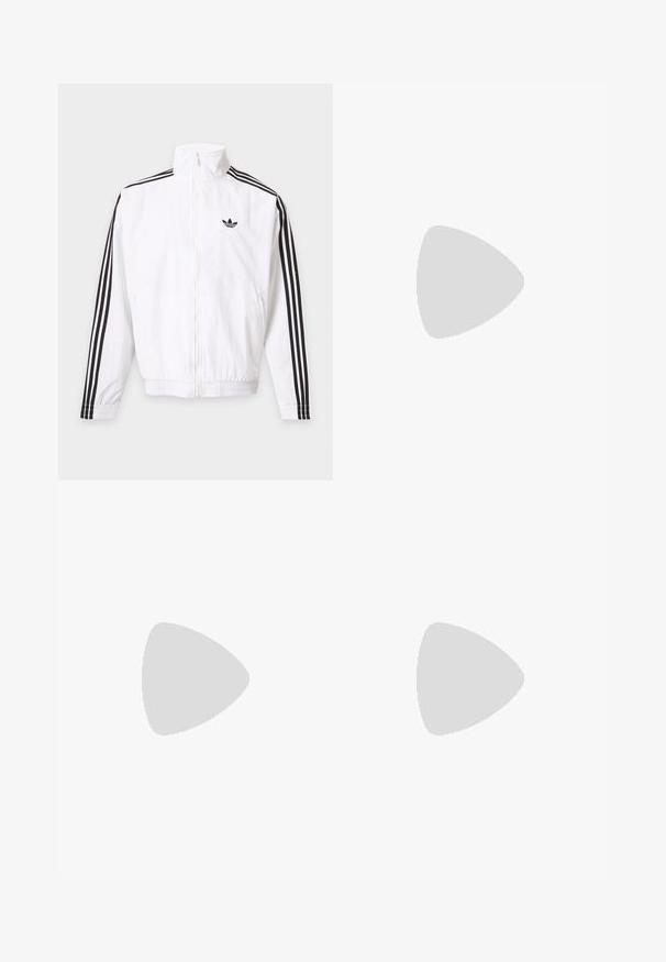 Valkoinen vetoketjullinen takki, jossa mustat raidat hihoissa ja musta Adidas-logo vasemmassa rinnassa.; Musta puuvillainen t-paita lyhyillä hihoilla, jossa on pyöreä kaula-aukko ja valkoinen Adidas-logo, jossa lukee "SPORT DESIGN STUDIO" kultaisella. Silkkinen rakenne.; Mustat tuulipuvun housut, joissa on vaaleanpunaiset sivu raidat, joustava vyötärö ja hihansuut. Oikealla lahkeessa on hillitty brändäys. Sujuva materiaali.; Musta nahkaloaferi, jossa on mokkasiinimuotoilu, koristeellinen fringepitsi ja tupsu, teksturoitu pinta ja paksu kumipohja.