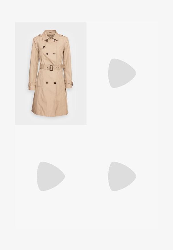 Soyaconcept SC-LORA 5 - Trenchcoat - camel; Weißes langärmeliges Damenoberteil mit rundem Ausschnitt und leicht strukturierter Stoffoberfläche, flach auf weißem Hintergrund liegend.; Dunkelblaue Denim-Jeans mit Slim Fit, hoher Taille, klassischem Fünf-Taschen-Design und einem Reißverschluss mit Metallknopfverschluss.; Weißer Sneaker mit einem schwarzen V-Logo, ausgestattet mit einem glatten Lederoberteil, runder Zehenpartie, Schnürverschluss und kontrastierendem schwarzen Fersenbereich.