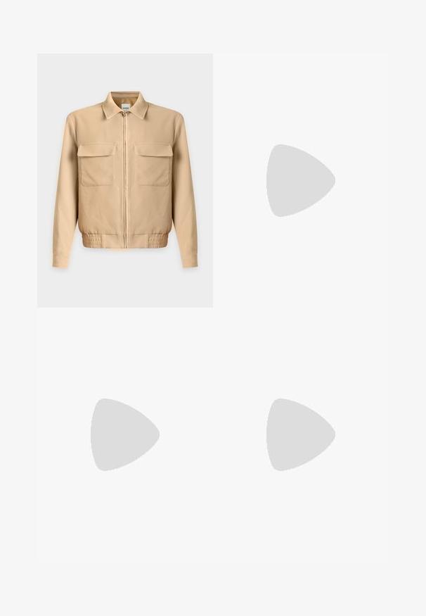 Light beige long-sleeve jacket with front zipper, two flap chest pockets, collar, and elastic waistband on a plain background.; Beige short-sleeve polo shirt with two buttons and a subtle embroidered logo on the left chest, displayed on a plain background.; Straight-fit beige trousers with front button, zipper, belt loops, and five-pocket styling on a light background.; Low-profile dark brown leather sneaker with black rubber sole, lace-up front, and smooth minimalist design on a light background.
