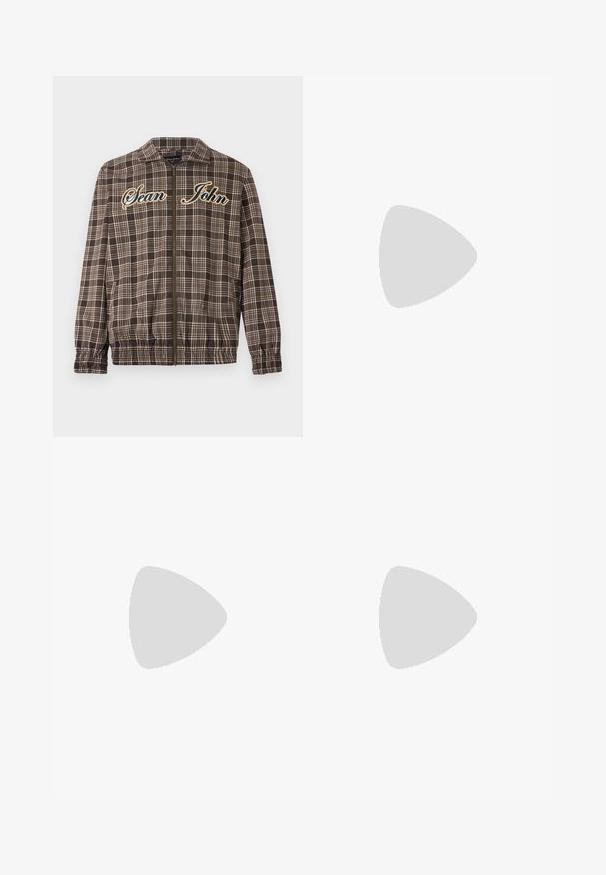 Sean John VINTAGE CHECK - Ελαφρύ μπουφάν - brown/beige; Απλό μαύρο κοντομάνικο T-shirt με στρογγυλή λαιμόκοψη, ανδρική εφαρμογή και χωρίς εμφανή σχέδια ή λογότυπα μπροστά.; Καφέ παντελόνι κοτλέ με ίσια γραμμή, διαθέτει κλείσιμο με κουμπί και διακριτή υφή. Ιδανικό για casual ή ημι-επίσημες περιστάσεις.; Μαύρο τζιν παντελόνι συνδυασμένο με λαμπερά μαύρα loafers. Το πουκάμισο είναι λευκό με λεπτές κατακόρυφες ρίγες, έχει μακριά μανίκια και κουμπωτό γιακά.
