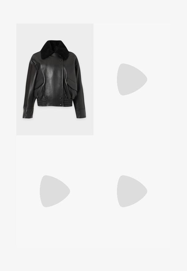 Μαύρο δερμάτινο μπουφάν bomber με μεγάλο μαύρο shearling γιακά, κουμπιά τυχεράκια, τσέπες με καπάκι και ελαστική μέση σε απλό φόντο.; Gestuz NEZ TEE - Μπλούζα με μακριά μανίκια - ganache; Μπεζ παντελόνι με ίσια μπατζάκια, με μπροστινές τσέπες, θήκες για ζώνη, από ελαφρύ ύφασμα, απλωμένο επάνω σε λευκό φόντο.; Filippa K REY FLATS - Μπαλαρίνες - bright red