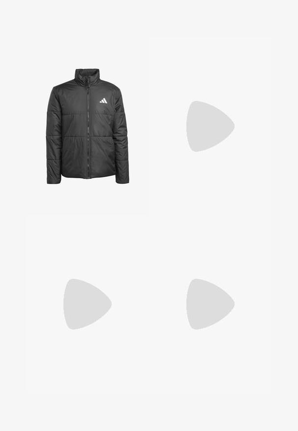Chaquetón negro acolchado con un alto cuello, cremallera frontal y costuras horizontales. Presenta un logo blanco en el lado izquierdo del pecho. Textura suave.; Sudadera negra con mangas largas, puños y dobladillo acanalados; presenta un logo blanco de Adidas en el pecho, fabricada en una suave tela texturizada.; Pantalones deportivos negros tipo jogger con cinturilla y puños elásticos, con un pequeño logo blanco de Adidas en el muslo derecho.; Zapatillas deportivas negras con un diseño ligero, que presentan tres franjas grises prominentes, una textura suave y una suela contorneada.