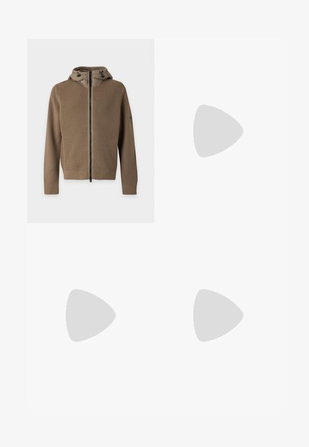 Brown knitted zip-up jacket with a padded hood featuring black drawstring toggles on a plain background.; Light beige short-sleeve cotton t-shirt with small white "NN.07" logo on the left chest and round neckline.; Black straight-leg pants with front and back pockets, belt loops, and a side tool loop, laid flat on a white background.; Black low-top leather sneaker with lace-up front and flat rubber sole, shown from the side on a plain white background.
