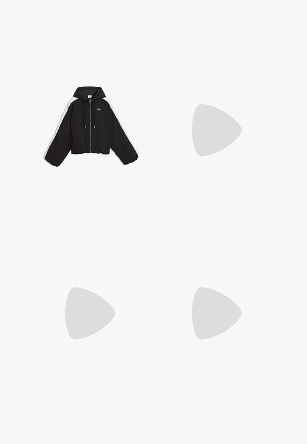 Schwarze Puma Jacke mit Reißverschluss, weißen Streifen an den Ärmeln, Kordelzugkapuze und elastischem Saum, flach auf weißem Hintergrund liegend.; Schwarzes Sport-T-Shirt mit kurzen Ärmeln, Rundhalsausschnitt und einem weißen Logo auf der Brust. Glatte Textur und figurbetonter Schnitt.; Schwarze Sporthosen aus leichtem Stoff mit einem elastischen Bund, Kordelzügen an den Säumen und Seitennähten. Verfügt über ein kleines weißes Logo.; Schwarze und weiße Sport sneakers mit Mesh- und Lederdetails, Schnürverschluss und dicker gepolsterter Sohle auf weißem Hintergrund.