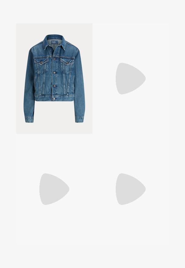 Modrá rifľová bunda s gombíkmi vpredu, dvoma náprsnými vreckami s chlopňou, bočnými vreckami a klasickým golierom, označená Polo by Ralph Lauren.; Zeleno-biely tričko s horizontálnymi pruhmi, krátkymi prsiami, priliehavého strihu, okrúhlym výstrihom a malým vyšitým logom pri leme.; Svetlomodré vysoký pás úzke rifle s piatimi vreckami a zapínaním na gombíky na jednoduchom bielom pozadí.; Lauren Ralph Lauren JANSON II ACTION LEATHER SNEAKER - Tenisky - real white