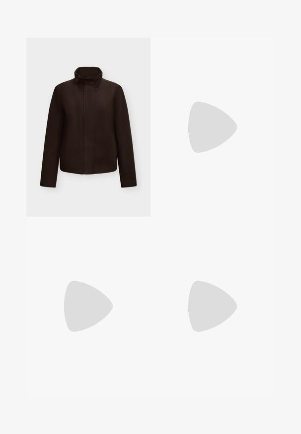 Veste en laine brun foncé à manches longues avec col montant, fermeture avant cachée, présentée sur un fond uni gris clair.; Robe tricotée marron foncé avec un col rond, de longues manches bouffantes et une texture côtelée à la taille et aux poignets. Texture lisse sur le corps.; Bottes en daim marron jusqu'au genou avec un bout pointu et un talon carré. Texture lisse, design ajusté avec des détails de couture minimaux.; Sac à main bordeaux en matériau brillant, de forme rectangulaire, avec deux anses et des accents légèrement courbés à l'avant.
