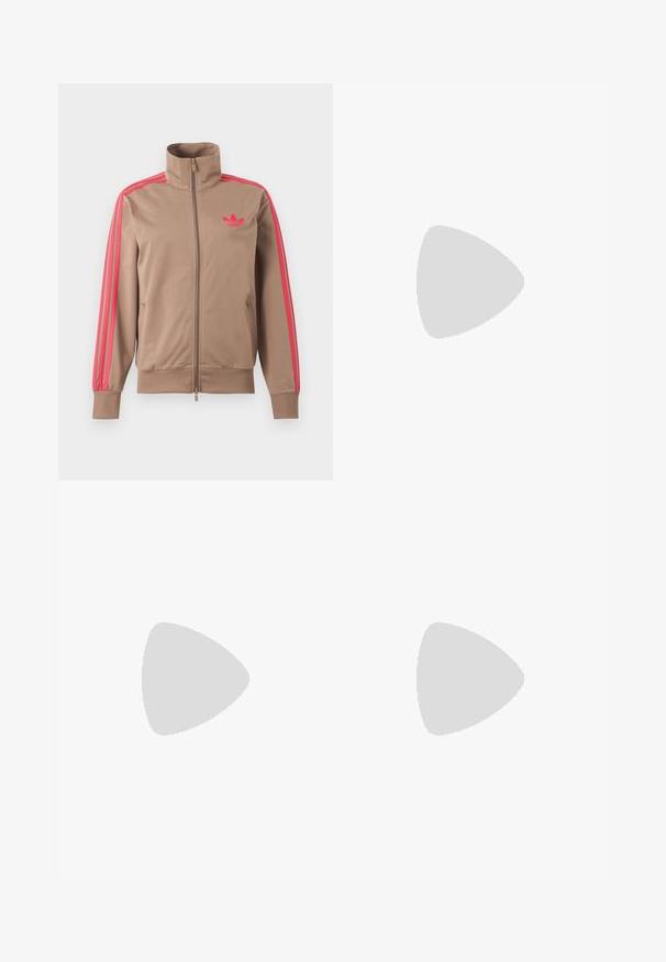 Svetlohnedá športová bunda na zips s vysokým golierom, ružové pruhy na rukávoch a ružové logo Adidas na ľavej strane hrude.; Biely top so zaväzovaním za krk s rovným výstrihom a riasením na hrudi, zobrazený na jednofarebnom svetlom pozadí.; Svetlosivé široké teplákové nohavice Adidas s elastickým pásom, bielymi tromi pruhmi na stranách, vrecko na zips a jemnou kvetinovou výšivkou na ľavej nohe.; Hnedé semišové športové topánky s ružovými pruhmi a logom, s textúrovaným vrchom, šnurovaním a gumovou podrážkou.