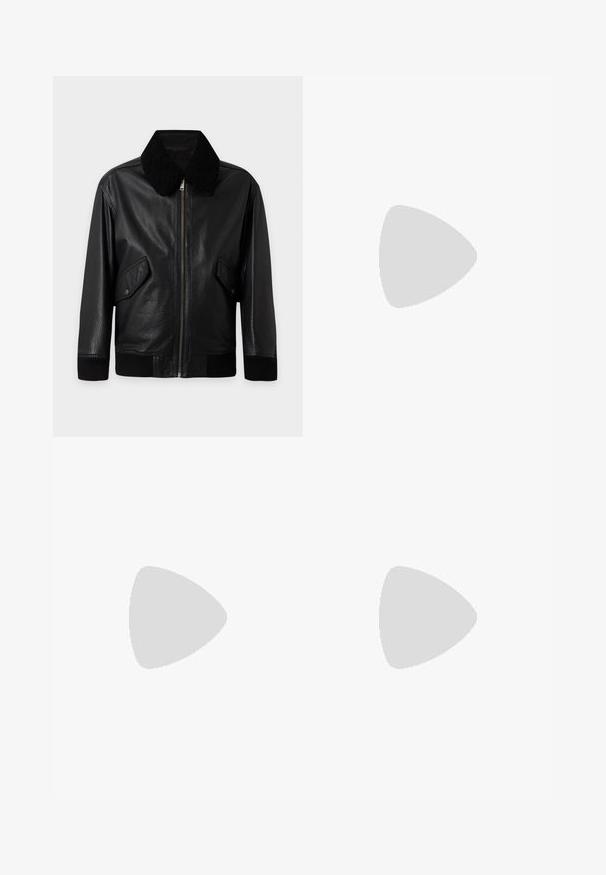 Veste en cuir noire avec fermeture éclair sur le devant, deux poches à rabat avec bouton-pression, poignets et ourlet côtelés, et un col en shearling doux noir.; Chemise olive à manches longues avec boutons et col boutonné, petit logo brodé sur la poitrine gauche.; Pantalon en coton noir avec une coupe à taille plate, jambes droites, et fermeture par bouton. Comprend des poches latérales et des détails de couture visibles.; Mocassins en cuir noir avec une finition texturée, dotés d'une bride décorative à l'avant et d'un bout arrondi. Semelle en caoutchouc pour plus de durabilité.