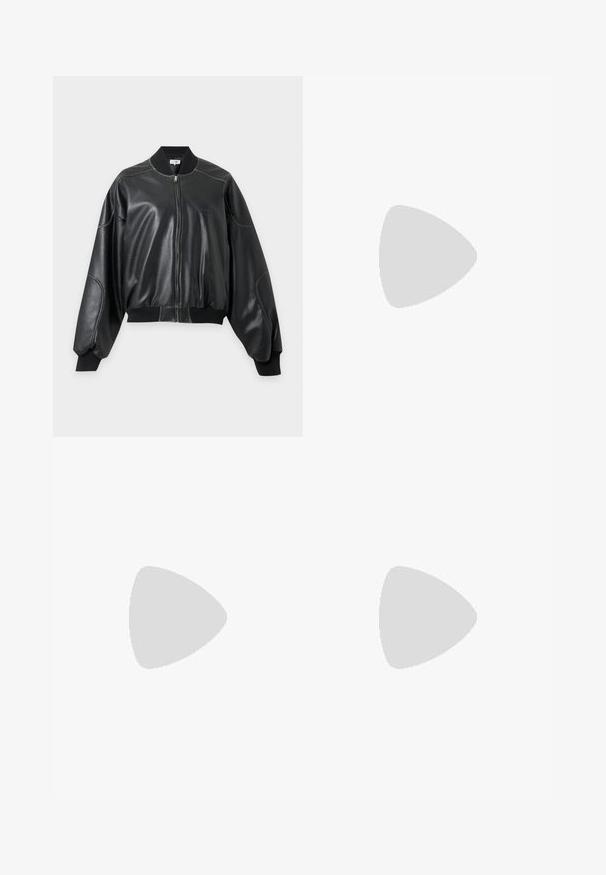 Veste bomber noire en similicuir avec col, poignets et ourlet côtelés, dotée de longues manches ballon et d'une fermeture éclair devant.; T-shirt blanc à manches courtes avec des phrases en texte noir en blocs, notamment "Romance & Poèmes", "Concert d'amour", "The Kooples" et "Folie Brillante".; Jupe midi en cuir noir avec une taille ajustée, une texture lisse, des détails de coutures apparentes et une silhouette droite. Aucune décoration présente.; Botte en cuir noir hautes jusqu'au genou avec un bout pointu et un talon fin et courbé. Texture lisse, design ajusté, sans matériel ni motifs visibles.