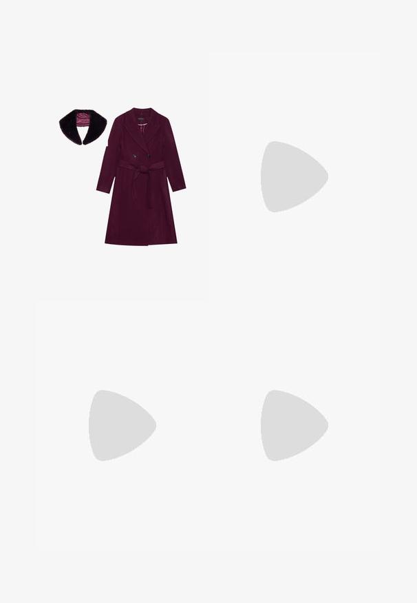 Abrigo de lana burdeos con cintura ceñida, botones de doble botonadura y cuello con muesca, combinado con un cuello de piel sintética oscura a juego.; Vestido rojo con lentejuelas, diseño sin mangas y escote en V, cuerpo ajustado y falda acampanada. La textura brillante realza su apariencia general.; Zapato de tacón alto burdeos con un acabado brillante, puntera afilada, correa al tobillo con una hebilla dorada y un tacón de aguja esbelto.; Bolso de mano dorado metálico brillante con cierre de solapa, borla decorativa y cadena dorada sobre fondo blanco.