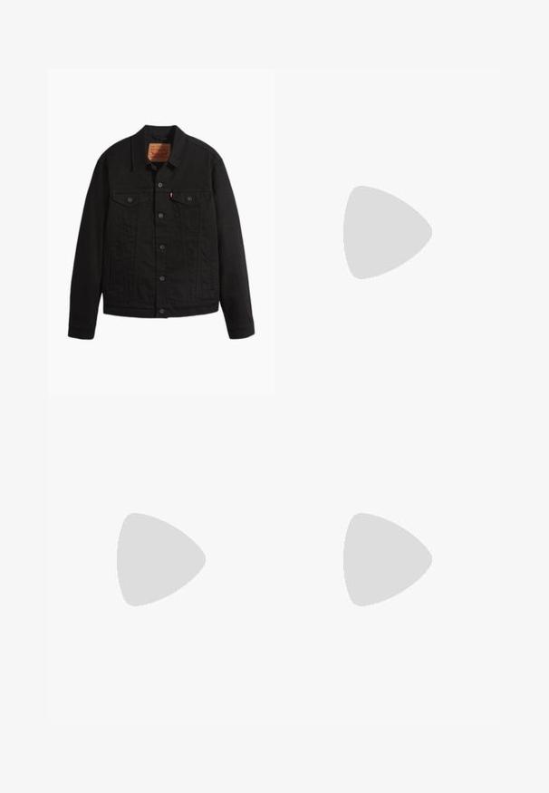 Schwarze Jeansjacke mit Knopfleiste vorne, zwei Brusttaschen mit Knöpfen, Seitentaschen, Kragen und langen Ärmeln.; Dunkelblauses Denim-Hemd mit langen Ärmeln und spitzem Kragen, zwei Brusttaschen, weißen Knöpfen und kontrastierendem gelbem Stich. Glattes, robustes Material.; Dunkelblaue Slim-Fit-Jeans mit Fünf-Taschen-Design und Knopfverschluss, flach auf einem weißen Hintergrund ausgelegt.; Bordeauxfarbene Lederschuhe mit braunen Gummisohlen, runder Zehenform, weißen Nähten und goldenen Ösen. Das Innenfutter weist eine gelbe Beschichtung auf.