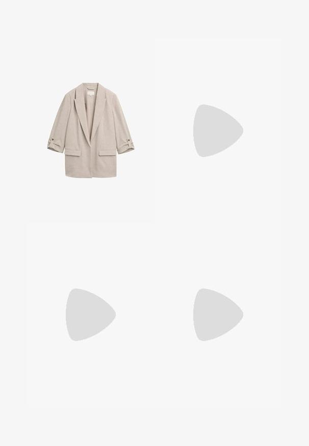 TOM TAILOR Kurzmantel - taupe/black structure; Beige geripptes ärmelloses Tanktop mit rundem Ausschnitt, sichtbarem Markenlabel innen am Kragen und kleinem Seitenschild auf einfarbig weißem Hintergrund.; Weite Hosen aus olivgrünem Stoff mit glatter Textur und ohne sichtbare Verschlüsse. Entworfen für eine lockere Passform mit klaren Linien.; Beige Wildleder offene Zehen flache Pantoffel mit breitem Riemen und gepolsterter Innensohle, auf weißem Hintergrund dargestellt.