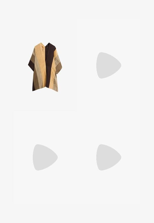 Veste style kimono ouverte à l'avant avec larges manches en panneaux verticaux de tissu tissé beige, marron et fauve.; Haut sans manches avec encolure asymétrique, côtés froncés et dégradé de couleurs allant du jaune au bordeaux.; Deux jupes longueur genou : une noire et une kaki. Les deux présentent une taille élastique et un design fluide avec un tissu doux et texturé.; Botte en cuir marron montant à la cheville avec un panneau avant décoratif couleur tabac, bout pointu, panneaux latéraux élastiques, languette et talon bas incliné.