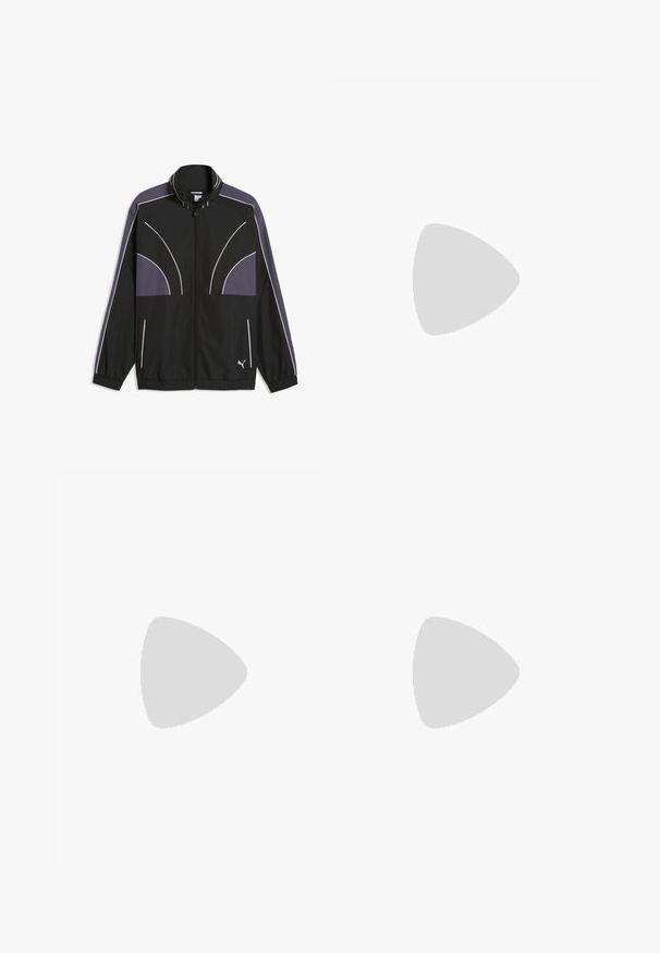 Zwarte Puma trainingsjas met grijze panelen, witte biezen, volledige ritssluiting, elastische boorden en zoom, en Puma-logo aan de onderkant voorkant.; Zwart-wit korte mouwen t-shirt van katoen, met een gedurfde grafische PUMA-logo in het midden en een gestructureerd ontwerp over de borst.; Zwarte Puma sportbroek met elastische tailleband, trekkoord, ritszakken aan de zijkant en wit Puma-logo op het rechterbeen.; Lage atletische sneaker met wit mesh, zwarte, olijfgroene en oranje overlays, zwarte veters en een witte zool met oranje accenten.