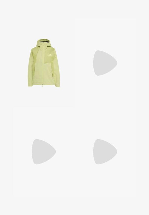 Lichtgroene capuchonjas met volledige rits aan de voorkant en Adidas-logo op de borst, ontworpen voor buiten- of sportgebruik.; Grijs topje met lange mouwen en een hoge kraag, gemaakt van gestructureerde stof en voorzien van zwarte accenten op de schouders, met een Adidas-logo op de borst.; Zwarte leggings met een hoge tailleband, gemaakt van een soepele stof. Bevat witte reflecterende strepen nabij de knieën en een Adidas-logo.; Lichtgrijze sportschoenen met een bovenwerk van mesh, drie horizontale strepen, een gepolsterde kraag en een witte gestructureerde tussenzool. Rubberen buitenzool.