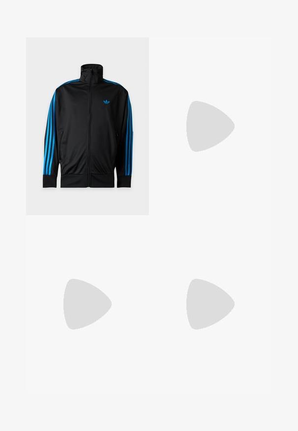 Veste de sport noire zippée avec col haut, bandes bleues sur les manches, petit logo Adidas bleu sur la poitrine gauche.; T-shirt gris à manches courtes en coton ; présente un logo subtil en orange et bordeaux sur la poitrine. Design de col rond basique.; Pantalon de sport jaune avec une ceinture élastique, présentant des bandes latérales vertes et un petit logo bleu sur la cuisse gauche. Texture de tissu lisse.; Baskets en suede beige avec une surface texturée, bout rond et semelle en caoutchouc. Comprend un design à lacets et des accents cousus sur les côtés.