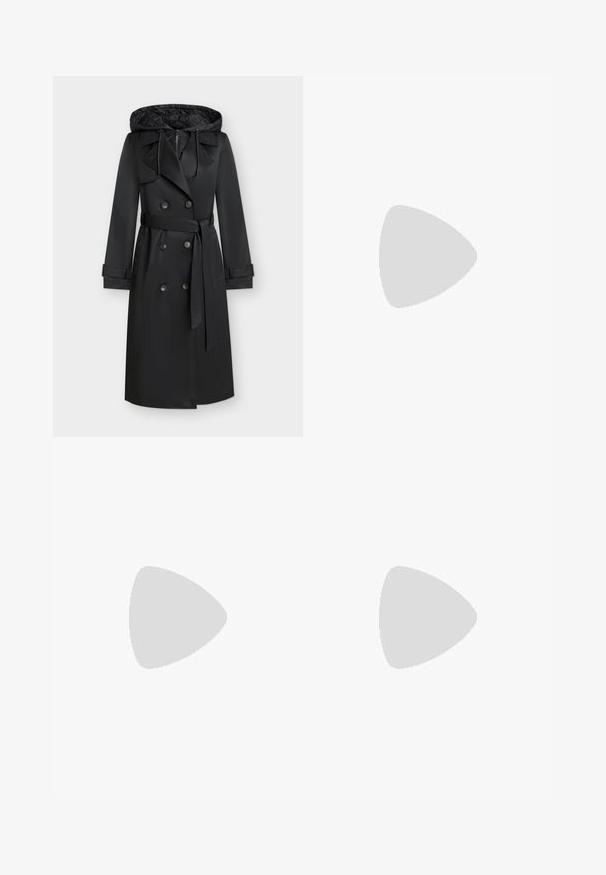 Musta kaksirivinen trenssitakki vyötäröllä, tikattu vetoketjullinen huppu ja nyörit sekä nepparikiinnitteiset hihansuut yksivärisellä taustalla.; Musta ilmanhihoilla bleiserimekko pellavasta, jossa on kaksinkertaiset kultaiset napit, huippukaulukset ja etutaskut. Vuorattu sisustus, jossa on logokuosi.; Kultainen metallinen avokärkinen korkokengän slingback-malli, jossa on terävä kärki ja kudottu remmikoriste valkoisella taustalla.; Beige nahkainen käsilaukku, jossa yksi yläkahva, irrotettava olkahihna ja kullanvärinen lukko edessä.