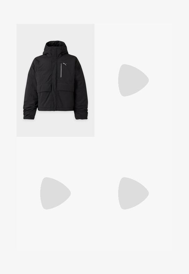 Veste d'hiver noire à capuche avec fermeture éclair frontale, deux poches avant, poche poitrine zippée et petit logo Puma sur la poitrine.; Chemise à manches courtes boutonnée avec un motif quadrillé coloré comprenant des silhouettes de basketball noires et des lettres blanches formant le mot « JORDAN ».; Pantalon léger beige avec taille élastique, cordon de serrage noir et poches latérales zippées, présenté de face sur un fond uni.; Baskets en daim marron avec des accents blancs et un design texturé. Elles disposent d'une semelle en caoutchouc noire et d'un logo Puma proéminent sur le côté.