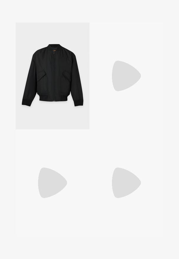 Veste bomber noire avec fermeture éclair sur le devant, poches à rabat avec boutons-pression, poignets et ceinture côtelés, posée à plat sur un fond clair.; T-shirt beige à manches courtes et col rond côtelé, avec des rayures noires et vertes sur le col et le logo "BOSS" à l'intérieur du col.; Jean en denim gris clair délavé pierre avec fermeture par bouton et fermeture éclair, poches avant et arrière, coupe droite.; Baskets blanches basses avec languette de talon noire, lacets blancs et logo "BOSS" sur le côté, présentées sur un fond clair uni.