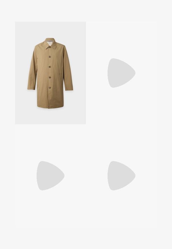 Enkelsluitend beige trenchcoat met lange mouwen, vier knopen aan de voorkant en zijzakken, getoond op een effen lichte achtergrond.; Beige en bruine geruite lange mouwen knoopshirt met een knoop- naar beneden kraag, weergegeven op een effen achtergrond, vooraanzicht.; Beige katoenen broek met een rechte pijp, voorzien van zijzakken, een knoopsluiting en subtiele stikseldetails langs de naden.; Enkele donkerbruine leren loafer die boven een crèmekleurig tapijt zweeft met een ronde oranje tafel op de achtergrond.