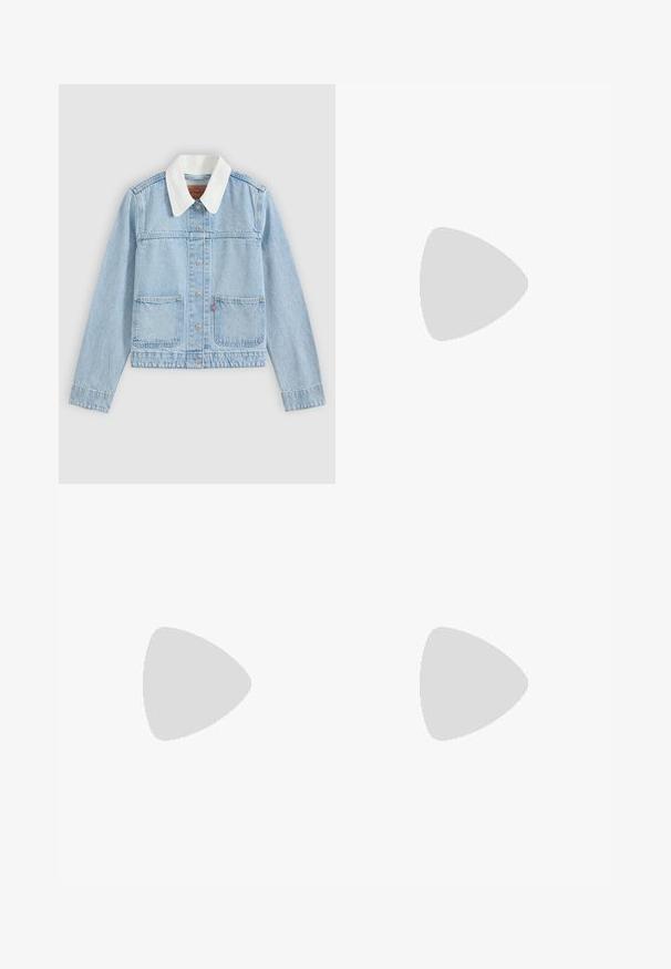 Svetlomodrá rifľová bunda s bielym golierom, zapínaním na gombíky vpredu a dvoma prednými vreckami na jednoliatom pozadí.; Noisy May NMKATINKA - Základné tričko - bright white; Svetlo modré úzke džínsy vyrobené z denimu, s nezapínaním na zips, piatimi vreckami a hladkou textúrou s minimálnym vyblednutím.; Biela nízka textilná teniska s bielymi šnúrkami, čiernymi pruhmi na podrážke a gumovou textúrovanou špičkou, bočný pohľad na bielom pozadí.