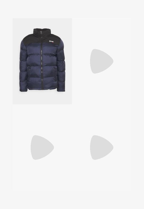 Schott UTAH - Vinterjakker - navy; Hvid langærmet T-shirt lavet af bomuld. Rund halsudskæring med ribbede manchetter og et lille logo på venstre ærme. Glat tekstur.; Lyseblå jeans med lige ben, forlommer, bæltestropper og knaplukning på ensfarvet baggrund.; Hvid lædersneaker med sorte detaljer, rundet tå og perforerede detaljer. Sort gummisål med tekstureret mønster og snørelukning.