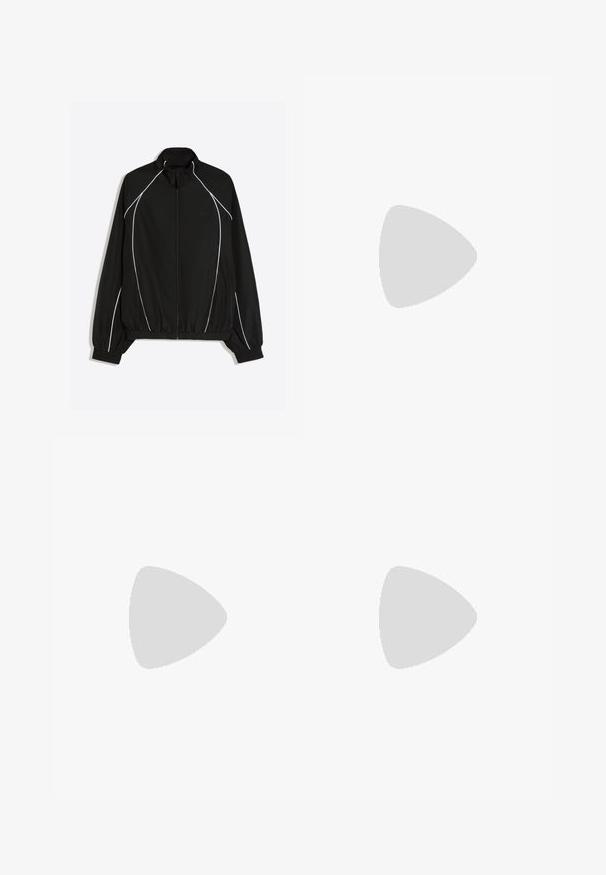 Schwarze Sportjacke mit Reißverschluss, weißen Paspeln an Ärmeln und Vorderseite, elastischen Bündchen und Bund sowie Stehkragen.; Schwarzes, kurzärmeliges Sport-T-Shirt mit Mesh-Einsatz im oberen Brust- und Schulterbereich, vorn zentriert mit dem "Calvin Klein"-Logo versehen.; Schwarze Sporthosen aus strukturiertem Stoff, mit verstellbarem Bund, seitlicher Reißverschlusstasche und schmal zulaufenden Bündchen.; Weißer Strick-Sneaker mit niedrigem Schaft, strukturierter Sohle, Schnürvorderseite und "JACK & JONES"-Logo an der Ferse seitlich.