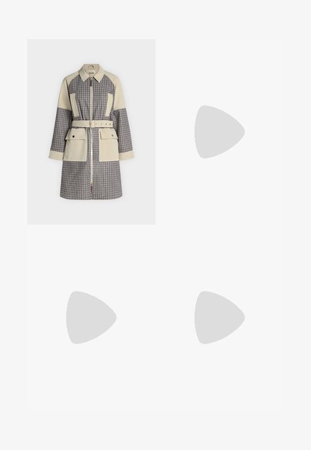 Manteau beige à carreaux mi-long avec fermeture éclair frontale, ceinture, deux grandes poches à rabat et manches longues sur un fond uni.; Pull en tricot vert foncé avec un col ribba haut, des manches longues et une coupe décontractée. Tissu texturé avec de subtiles variations.; Botte en cuir noir hautes jusqu'au genou avec un bout pointu et un talon fin et courbé. Texture lisse, design ajusté, sans matériel ni motifs visibles.; Sac à main en daim marron foncé avec une courte sangle et une forme rectangulaire arrondie sur un fond uni clair.
