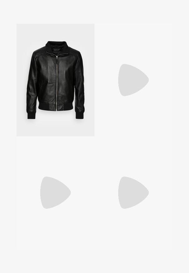 Schott FRESNO - Læderjakker - black; Grå strikket sweater med rund hals, ribbede manchetter og kant. Glat tekstur og et enkelt, klassisk design med sidespalter.; Sorte denimjeans med slim fit, fem-lomme design, diskret falmning og kontraststing. Har klassisk metalknap og lynlås lukning.; Sort lavtop sneakers i læder med sorte snørebånd og hvid gummisål på neutral baggrund, sidevisning.