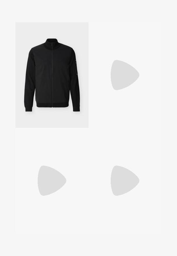 Veste noire à fermeture éclair intégrale avec col, poignets et ourlet côtelés, dotée d'une poche zippée sur la manche gauche.; T-shirt en coton noir avec col rond, manches courtes et un petit logo doré sur la poitrine gauche. Texture lisse et design simple.; Shorts pour hommes longueur genou de couleur vert olive avec fermeture par bouton et poches latérales zippées sur fond blanc.; Chaussures en cuir noir à lacets avec une texture lisse, un bout arrondi et des détails de couture discrets. Présentent une languette rouge à l'arrière.