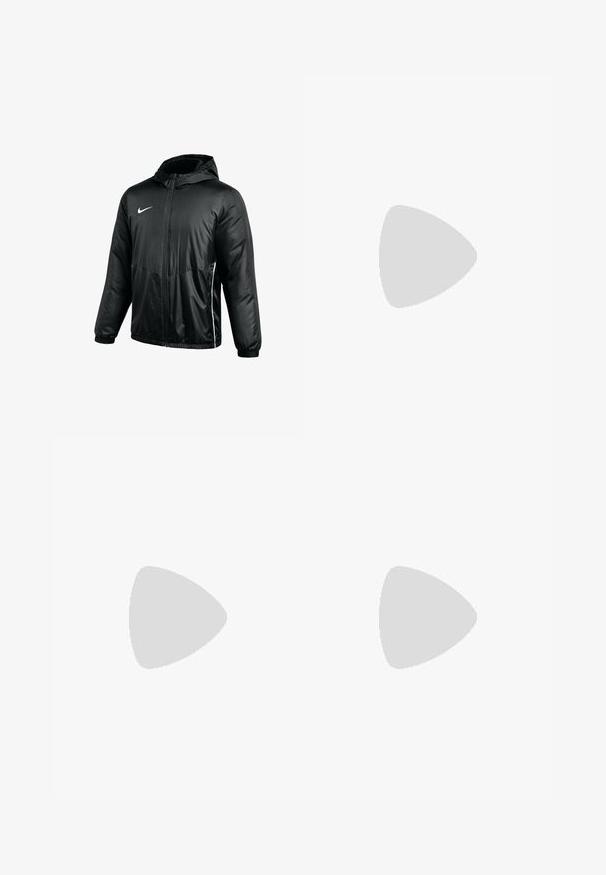 Schwarze Nike Kapuzenjacke mit Frontreißverschluss, elastischen Bündchen und dezenten weißen Details an den Seiten für Herren oder Unisex.; Langärmliges Funktionsshirt in Grau mit schwarzen Akzenten. Hergestellt aus glattem, leichtem Stoff. Verfügt über weiße Paspelierung an den Schultern.; Blaue Sportshorts aus leichtem Material. Mit einem elastischen Bund und dem weißen Nike Swoosh-Logo an der unteren Seite.; Schwarze Sportschuhe mit blauen Akzenten, strukturierter Synthetik-Oberfläche, Schnürverschluss und Gummisohle. Merkmale ein auffälliges Logo-Detail an der Seite.