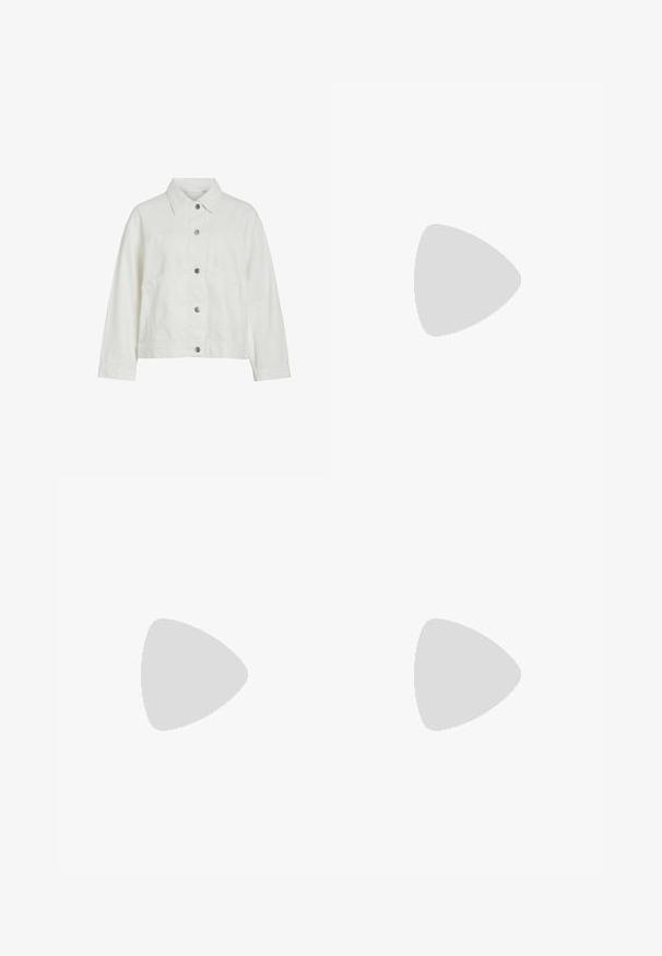 Chaqueta de mezclilla blanca con cuello, cierre de botones en la parte delantera y dos bolsillos laterales. Presenta un corte relajado y detalles de costura visibles.; Camiseta blanca corta, de mangas cortas, con cuello redondo, hecha de una tela suave, sin patrones visibles ni herrajes distintivos.; Falda de mezclilla con cierre de botones en el frente, diseño ajustado, color azul claro y detalles de costura sutiles.; Zapatilla blanca de lona de perfil bajo con suela gruesa de plataforma, cierre de cordones en el frente y puntera de goma texturizada, mostrada de perfil.