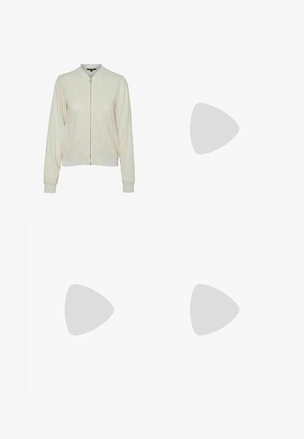 Cazadora bomber crema con cremallera frontal, puños y cuello de canalé. Tejido suave con una textura sutil, que cuenta con bolsillos laterales.; Top sin mangas en mezcla de lino beige con escote redondo y cierre con cremallera en la espalda de Modström, presentado sobre fondo liso.; Pantalones de pierna ancha en un color beige claro. Confeccionados en una tela suave y texturizada, con doble pinza y un diseño de cintura alta.; Zapato Mary Jane de lona blanca con una suela gruesa de goma marrón y una sola correa en la parte superior.