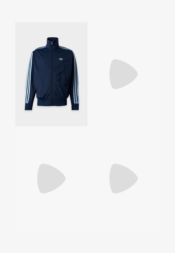Veste de survêtement bleu marine avec trois bandes bleu clair sur les manches, fermeture éclair à l'avant, col montant et logo Adidas sur la poitrine.; Haut blanc sans manches en coton à col rond avec épaules structurées, marqué "WEEKDAY" sur l'étiquette du col, présenté sur un fond gris clair.; Jean denim bleu clair taille haute avec jambes larges, poches avant, passants de ceinture et fermeture par bouton et fermeture éclair.; Bottes ankle en cuir marron clair avec col rembourré, œillets dorés, lacets tan et semelle crantée épaisse sur fond clair.