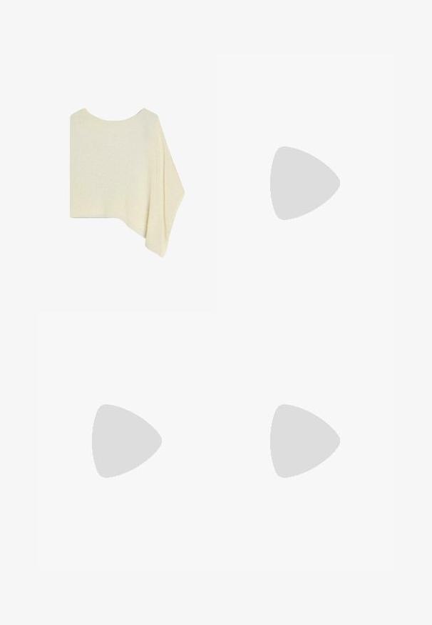 Poncho tricoté crème asymétrique avec un large décolleté et une seule manche drapée sur le côté.; T-shirt blanc uni à manches courtes et col rond avec une petite étiquette "WEEKDAY" à l'intérieur de l'encolure, présenté à plat sur un fond clair.; Pantalon beige à jambes larges avec fines rayures verticales brunes, poches latérales et taille haute, étalé à plat sur un fond blanc.; Baskets en daim blanc avec des bandes navy, semelle en caoutchouc gomme, tige texturée, bout rond et lacets ; arbore un logo sur le côté et sur la languette.