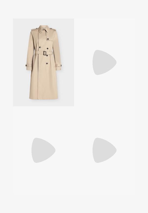 Beige lange trenchcoat met dubbelrijige knopen, taillering met ceintuur, schouderepauletten en knoopmanchetten.; Zwarte lange mouwen shirt met een kraagnek, met een knoopsluiting aan de voorkant en een getailleerde vorm, gemaakt van een gladde stof.; Beige op maat gemaakte broek met een rechte pasvorm, voorzien van een platte voorkant, riemlussen en een gladde textuur. Geen zichtbare zakken of patronen.; Zwarte gepatineerde leren loafers met een decoratieve gathered rand, vlakke rubberen zool en een kleine metalen logo-accent op de band.