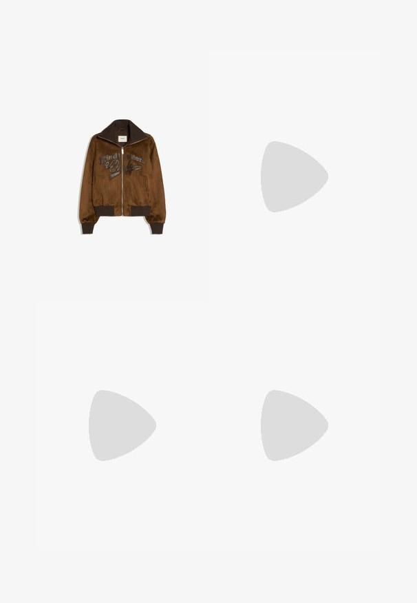 Veste marron zippée avec col montant, poignets et bas côtelés, et texte "Kind Letters Only" sur le devant.; T-shirt blanc à manches courtes avec un col rond, en coton, présentant une coupe décontractée et des détails de couture minimaux.; Jeans à jambe large en denim bleu foncé avec une légère texture décolorée. Comprend des poches arrière et un détail logo décoratif.; Bottine en cuir marron avec col noir, lacets jaunes et semelle beige. Présente un logo et des détails de couture blanche. Semelle extérieure à traction robuste.