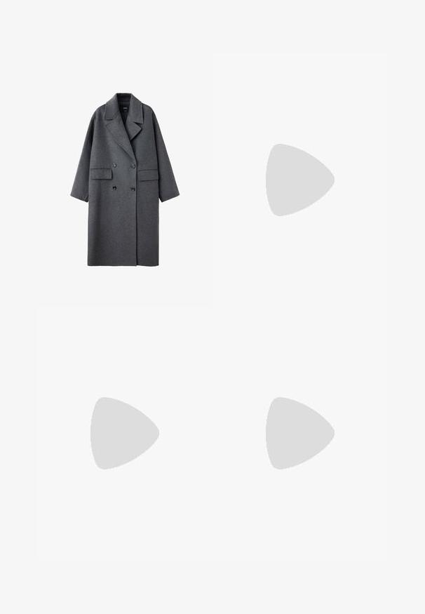 Lange donkergrijze wollen jas met brede revers, dubbelgeknoopte zwarte knopen en twee voorvakken met klep, afgebeeld op een witte achtergrond.; Lichtgrijze gebreide pullover met een V-hals en brede kraag. Beschikt over ribgebreide manchetten en zoom, en toont een textuurpatroon in de stof.; Zwarte midi potloodrok met hoge taille, een vooraanstaande split en een verborgen rits op een witte achtergrond.; Zign by Zalando LEATHER  - Laarzen met hoge hak - black