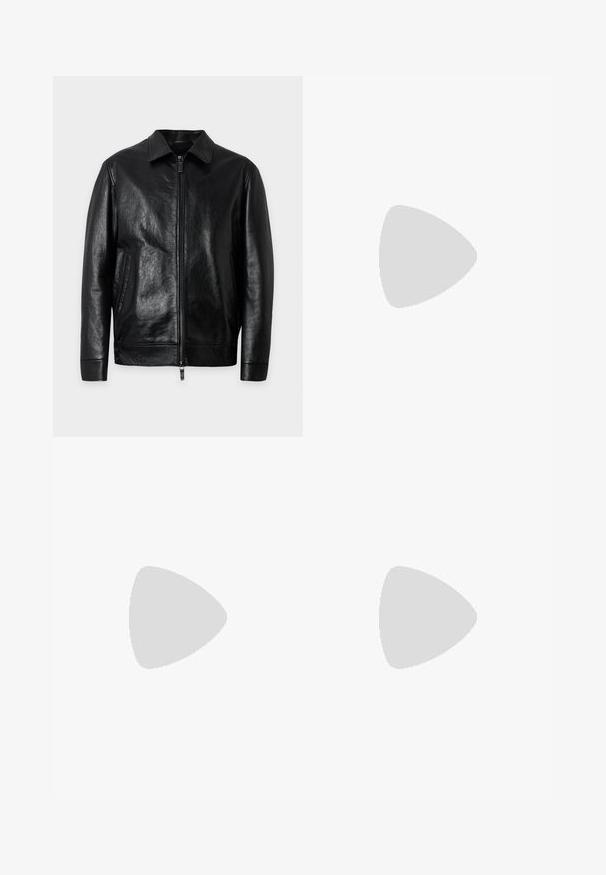 Veste en cuir noire avec fermeture éclair à l'avant, col, manches longues et poches latérales, présentée sur un fond clair uni.; T-shirt gris foncé à manches courtes et col rond avec le texte "Emporio Armani" et un logo d'aigle brodé en beige au centre devant.; Jean en denim bleu foncé avec légère décoloration aux cuisses, cinq poches, fermeture par bouton et fermeture éclair, coupe droite et coutures orange visibles.; Baskets en cuir verni noir avec un bout arrondi, un laçage, une semelle en caoutchouc texturé et une finition lisse.