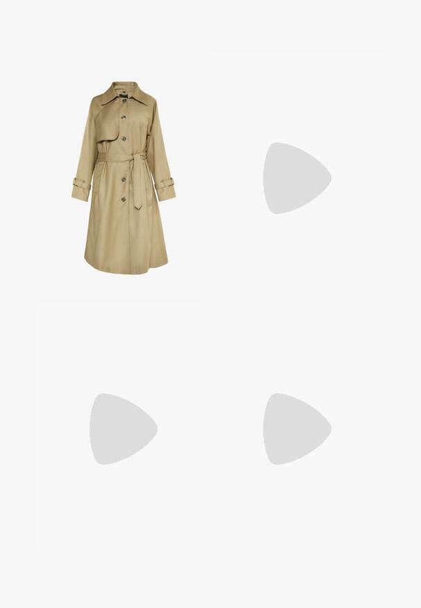 Trench-coat beige en tissu lisse. Présente un col, des boutons à l'avant, une ceinture à la taille et des poignets boutonnés. Design classique.; T-shirt blanc uni à manches courtes et col rond, étalé à plat sur un fond blanc.; Jean large taille haute bleu clair avec bouton et fermeture éclair à l'avant, poches avant et arrière, sur fond blanc.; Chaussure plate en cuir noir avec bout arrondi, côtés bas et semelle fine, vue du côté extérieur sur fond blanc.