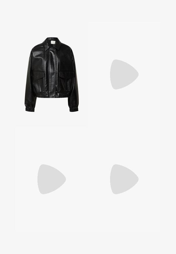 Veste noire en similicuir avec col, fermeture à boutons sur le devant, deux poches avant à rabat et poignets et ourlet élastiques.; Débardeur rouge sans manches en tissu côtelé avec encolure ronde et logo brodé discret sur la poitrine, présenté sur un fond uni.; Short en denim bleu foncé avec poches avant, passants de ceinture, fermeture par bouton et détails de couture visibles.; Botte noire montée jusqu'au genou en cuir brillant, avec un bout pointu et un petit talon bloc, au design élégant et ajusté.
