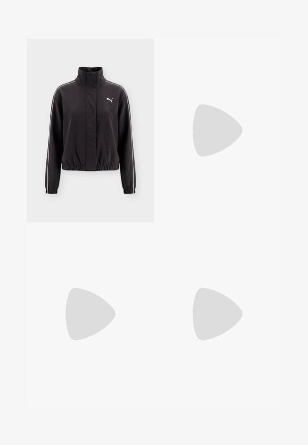 Zwarte Puma-jas met hoge kraag, ritssluiting aan de voorkant, elastische manchetten en zoom, en witte strepen langs de mouwen en een logo op de borst.; Zwarte korte sweatshirt gemaakt van zachte stof. Heeft gaasdelen op de borst en mouwen. Ronde halslijn en lange mouwen.; Donkerbruine legging van volledige lengte met hoge tailleband en witte verticale strepen langs de onderzijde van beide benen aan de buitenkant.; Gouden metallic sneakers met een gladde textuur, witte veters en een rubberen zool met een gestippeld patroon. Accenten in lichtbeige.