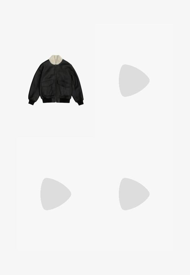 Veste bomber en cuir noir avec fermeture éclair avant, deux grandes poches à rabat, poignets et ourlet côtelés, et col en shearling blanc.; Pull en tricot avec un motif argyle beige et marine, accompagné d'une chemise coll classique à rayures blanches en dessous et d'un matériau texturé et doux.; Jean en denim bleu foncé à jambes larges avec fermeture avant par bouton et zip, poches avant et passants pour ceinture, posé à plat sur un fond blanc.; Personne portant un pantalon blanc sur mesure et des mocassins en cuir noirs, debout sur un fond blanc.