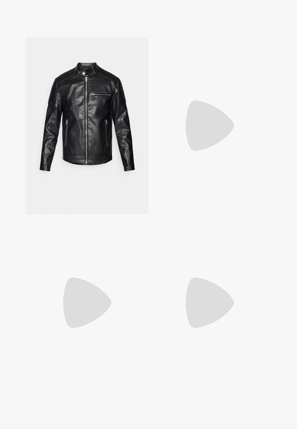 Veste en cuir noir avec col montant, fermeture éclair sur le devant, et poches latérales. Panneaux d'épaules texturés et design ajusté.; Débardeur noir à côtes avec un col rond et de larges emmanchures, fabriqué à partir d'un tissu doux et extensible. Étiquette : Pull&Bear.; Jean slim gris délavé avec un design à cinq poches et une fermeture par boutons, présenté sur un fond uni.; Baskets de sport noires et grises avec un tige en mesh et en suède, présentant une semelle intermédiaire blanche, des lacets et un logo "N" audacieux sur le côté.