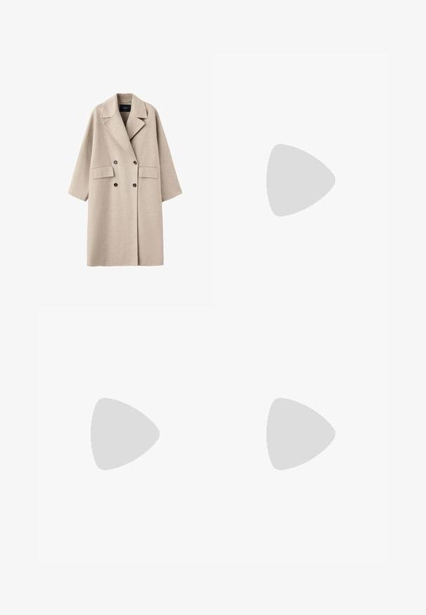 Beige dubbelgeknoopte wollen jas met brede revers, twee voorflapzakken en zwarte knopen, afgebeeld op een witte achtergrond.; Witte lange mouwen top met een ronde halslijn, lichtgewicht katoenen stof en een losse pasvorm. Eenvoudig ontwerp zonder patronen of versieringen.; Zwarte wijde broek met riemlussen, knoop aan de voorkant en rits, plat neergelegd op een witte achtergrond.; Witte leren sneakers met zwarte strepen, gumrubberen buitenzool, ronde neus, vetersluiting en een zachte grijze suède neuskap.