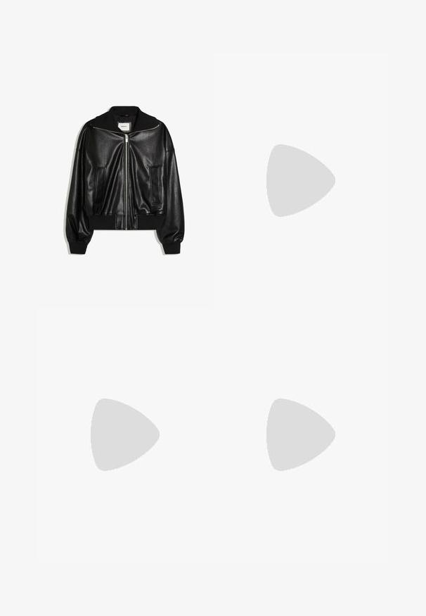 Veste bomber en similicuir noir avec fermeture éclair à l’avant, deux poches latérales, poignets et ceinture côtelés.; T-shirt noir à manches courtes en coton, avec un col rond, une coupe décontractée et des détails de couture minimalistes sur les épaules.; Jeans en denim noir à jambe large avec un design délavé, dotés de cinq poches, d'une fermeture à bouton et de détails de whiskering subtils sur le devant.; Baskets Nike Dunk en noir et blanc avec une tige en cuir, un bout perforé, des lacets noirs et une semelle en caoutchouc noir avec un motif de semelle.
