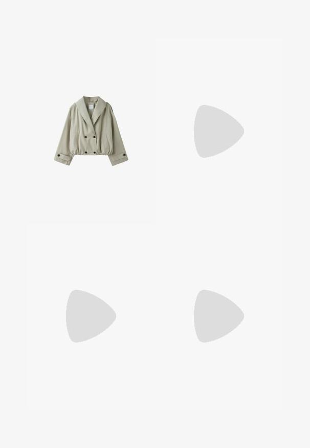 Veste beige courte à double boutonnage avec large col, poches avant, poignets boutonnés et ourlet élastiqué.; Robe longue à col halter avec motif rayures zèbre noir et beige, bas évasé et fermeture par lien au cou.; Sandale beige à talon haut à bout ouvert avec fines brides et petit nœud décoratif sur le devant, style slingback et talon aiguille.; Pochette ovale marron marbrée avec fermoir doré en haut sur fond blanc.