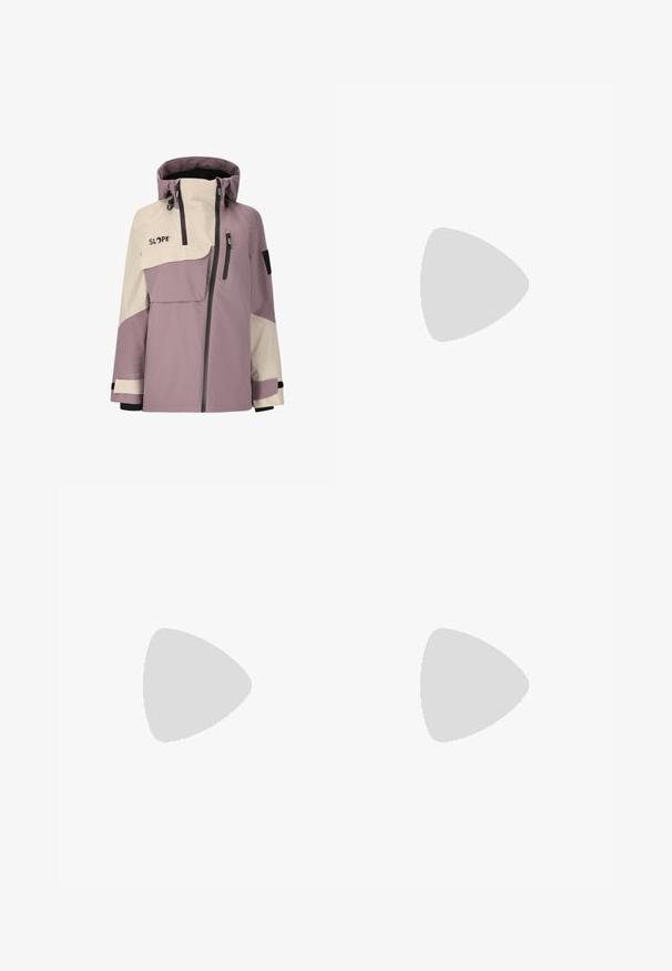 Lilla og creme vandtæt jakke med hætte, lynlåslommer, en brystlomme og justerbare manchetter. Designet inkluderer farveblokering.; Sort langærmet sweater med halvlukket krave. Har "ONEILL" logo på forsiden og "POLARTEC" branding på ærmet, lavet af blødt stof.; Lavendelfarvede skibukser lavet af slidstærkt stof, med to frontlommer, sorte accenter på de nederste ben og en skræddersyet pasform med struktureret design.; DC Shoes LOTUS STEP ON  - Vinterstøvler - black